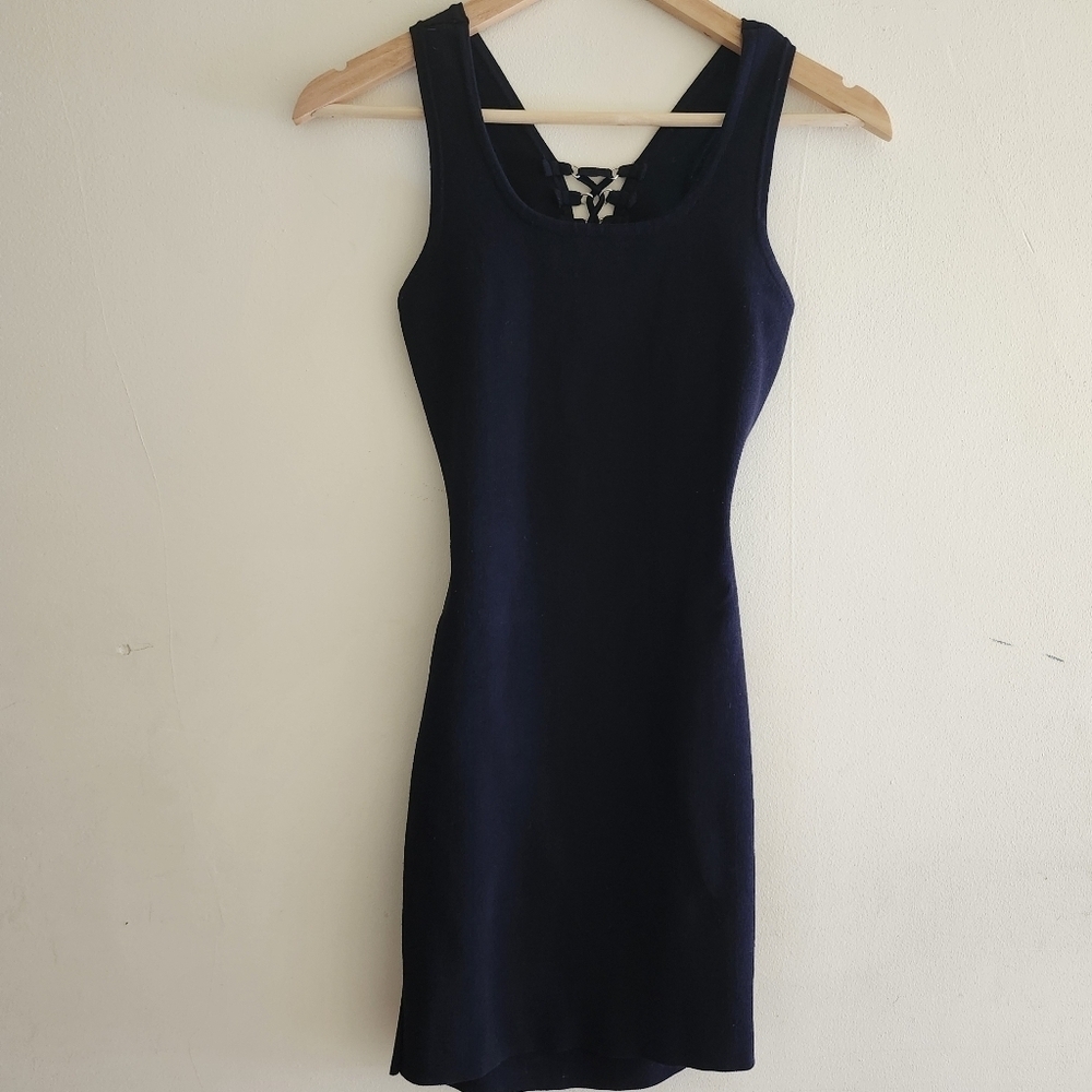 Debu Black Bodycon Stretch Knit Sleeveless Dress Size S Lace Up & Cut Out Back